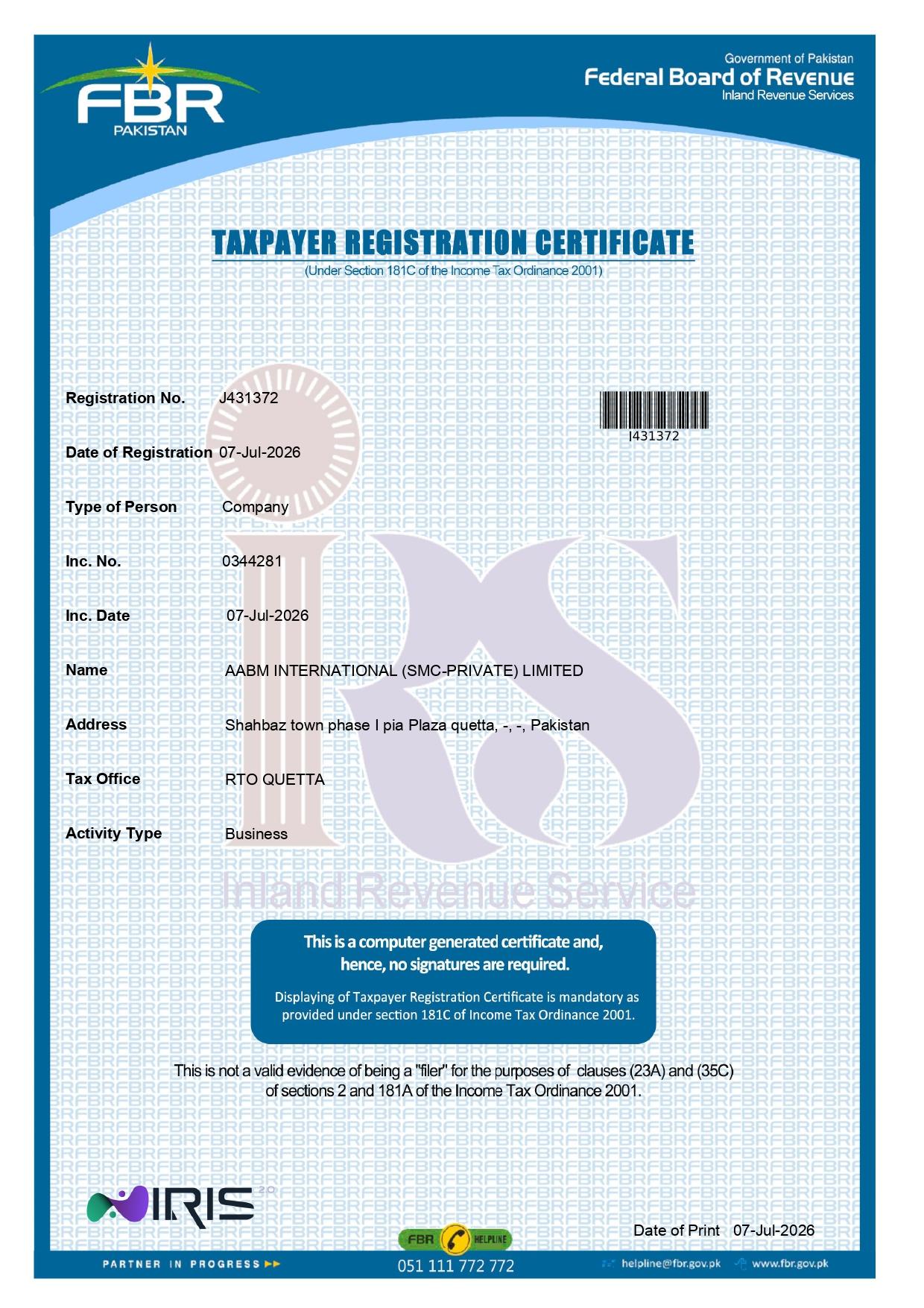 FBR Taxpayer Registration certification