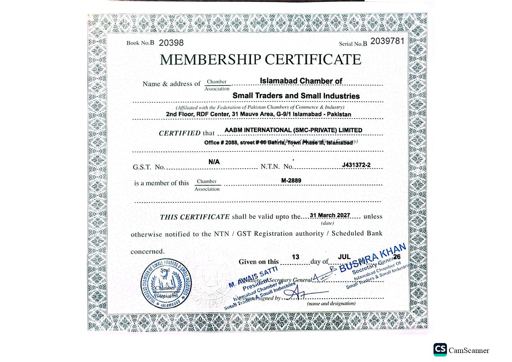 Islamabad Chamber of Commerce & Trade certification