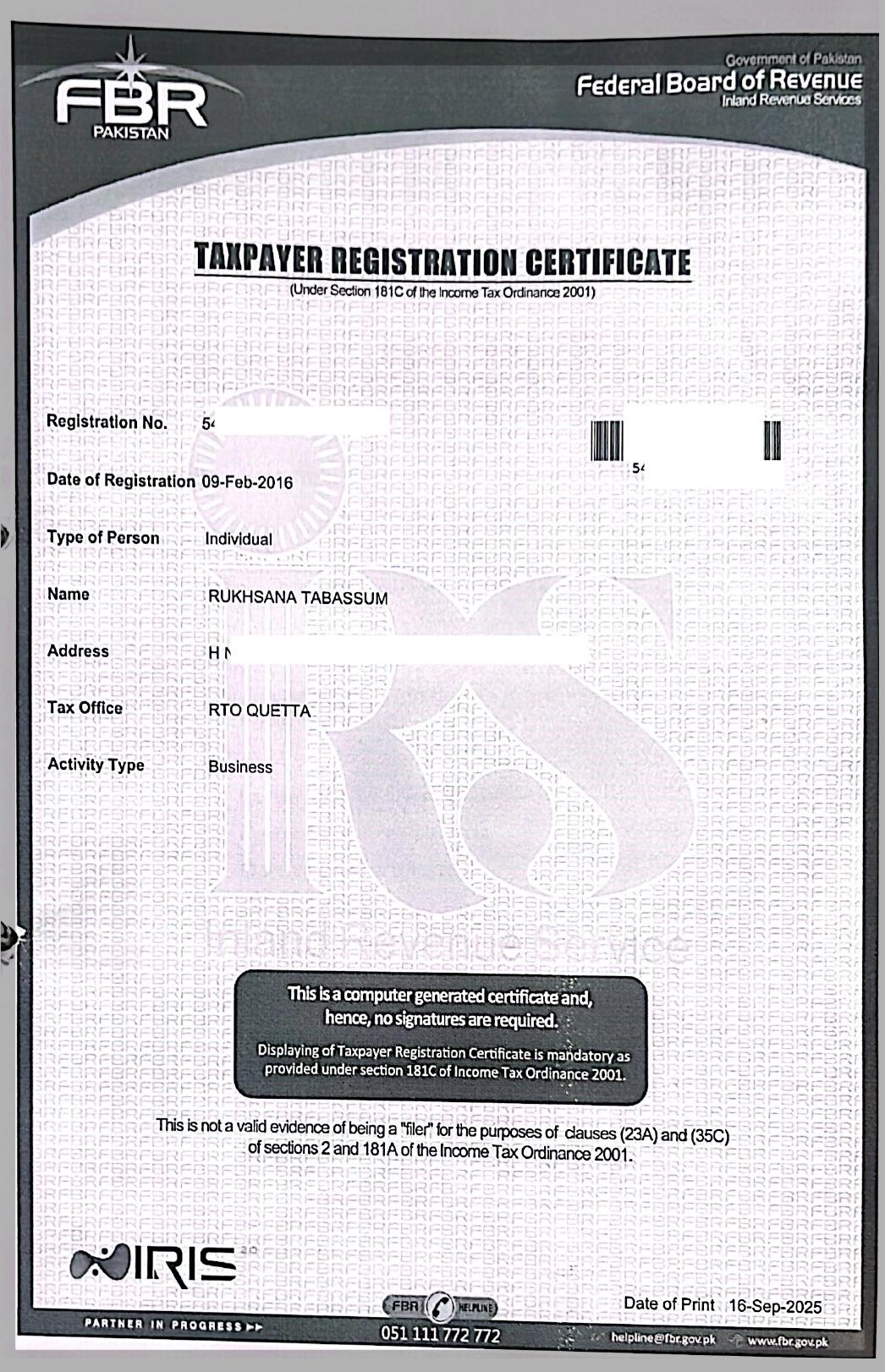 Taxpayer Certificate certification
